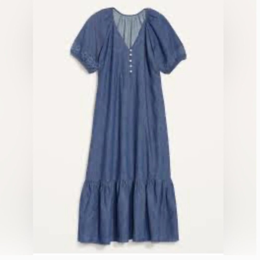 OLD NAVY Women’s Denim Chambray Puff-Sleeve All-Day Maxi Swing Dress size S Tall